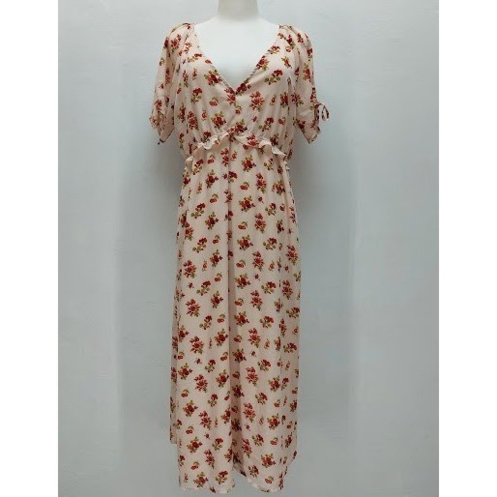 Madewell Floral Midi Dress Women's Size 12 Pink Tie Ruffle V-Neck Cottagecore
